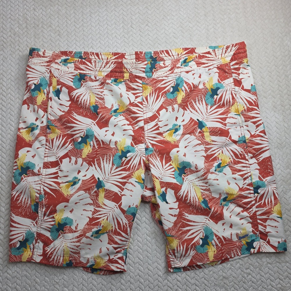 Duluth Trading Co Mens 2XL Tropical Bird Palm Swim Trunks Red White 48 Waist